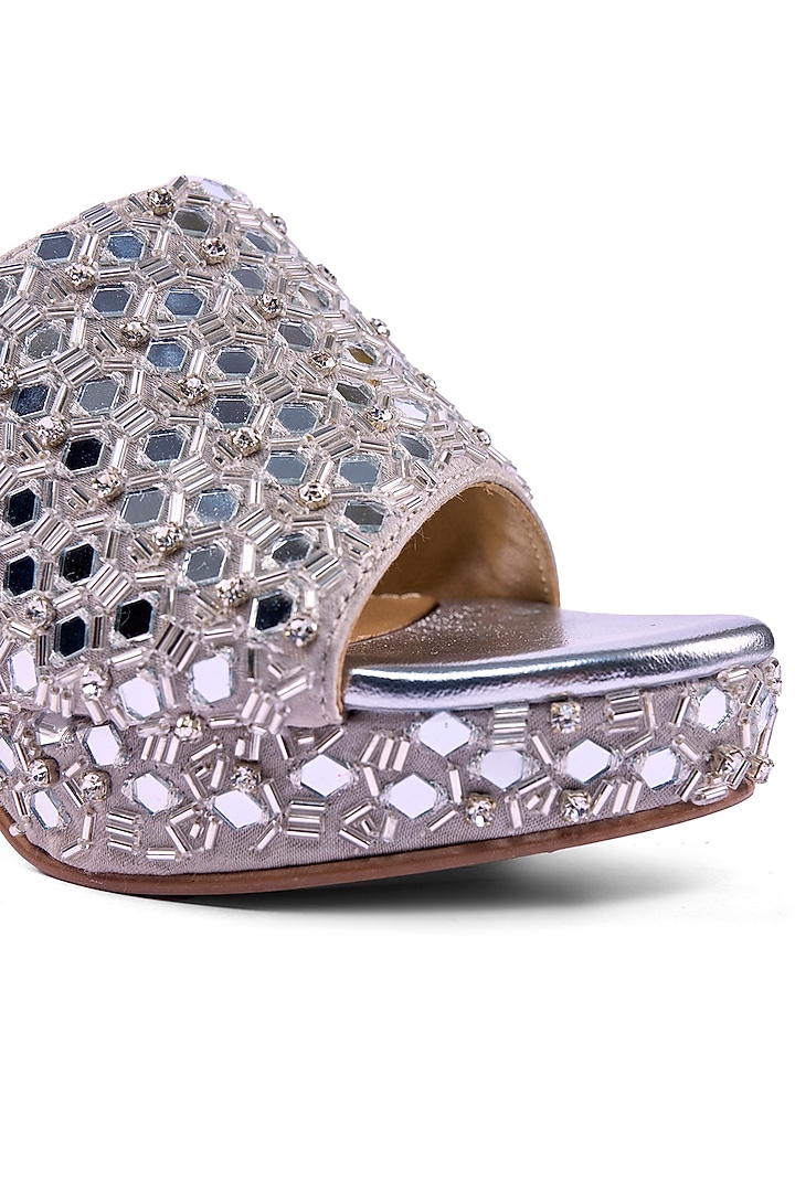 Silver Satin Mirror & Zari Hand Embroidered Platform Heels by Anaar at Pernia's Pop Up Shop