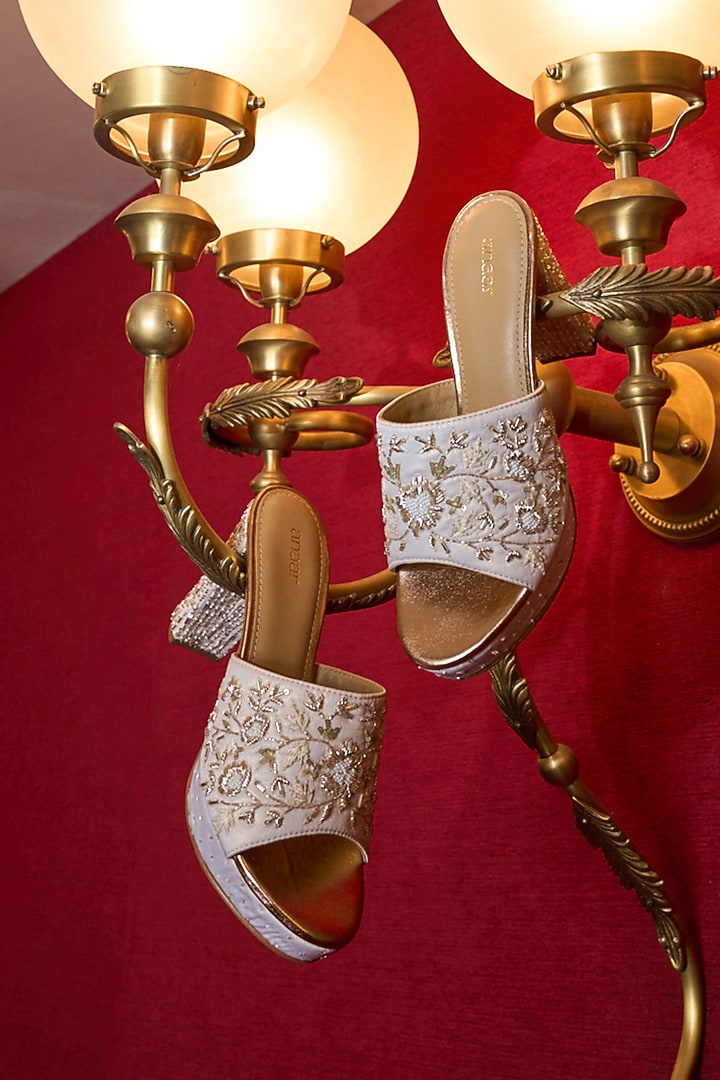 Off-White Satin Zardosi & Cutdana Hand Embellished Block Heels by Anaar at Pernia's Pop Up Shop