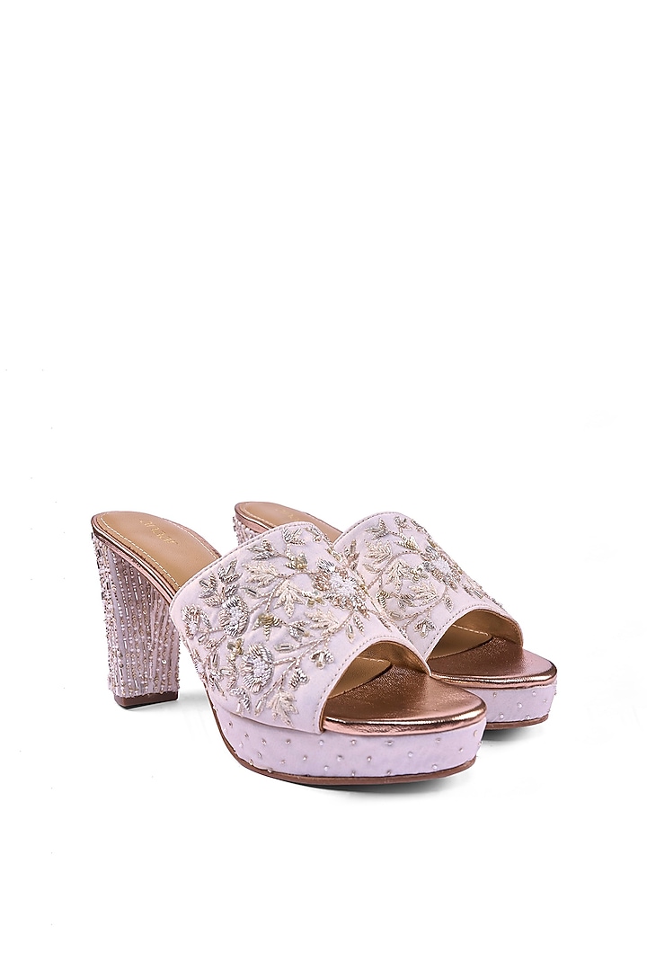 Off-White Satin Zardosi & Cutdana Hand Embellished Block Heels by Anaar at Pernia's Pop Up Shop
