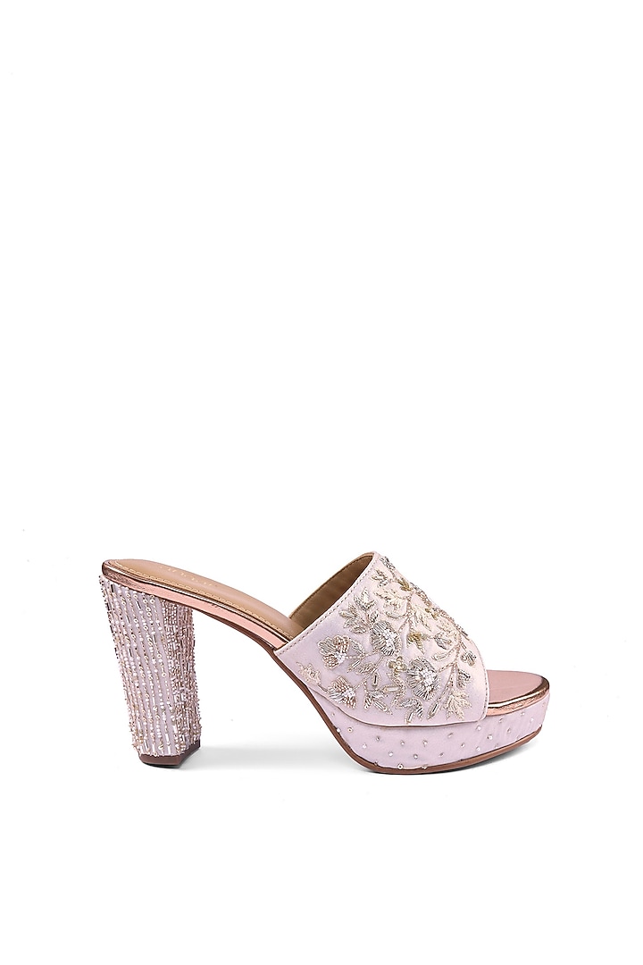Off-White Satin Zardosi & Cutdana Hand Embellished Block Heels by Anaar at Pernia's Pop Up Shop