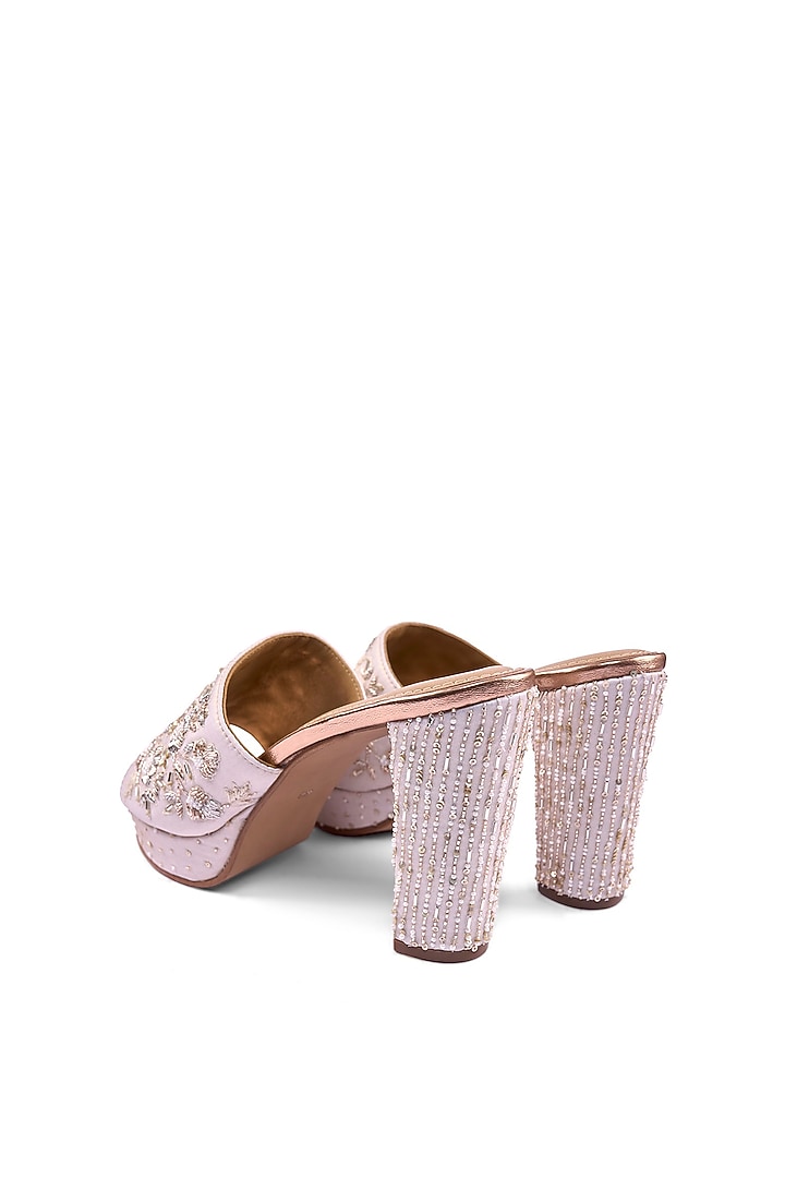 Off-White Satin Zardosi & Cutdana Hand Embellished Block Heels by Anaar at Pernia's Pop Up Shop