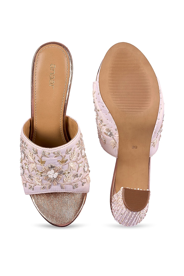 Off-White Satin Zardosi & Cutdana Hand Embellished Block Heels by Anaar at Pernia's Pop Up Shop