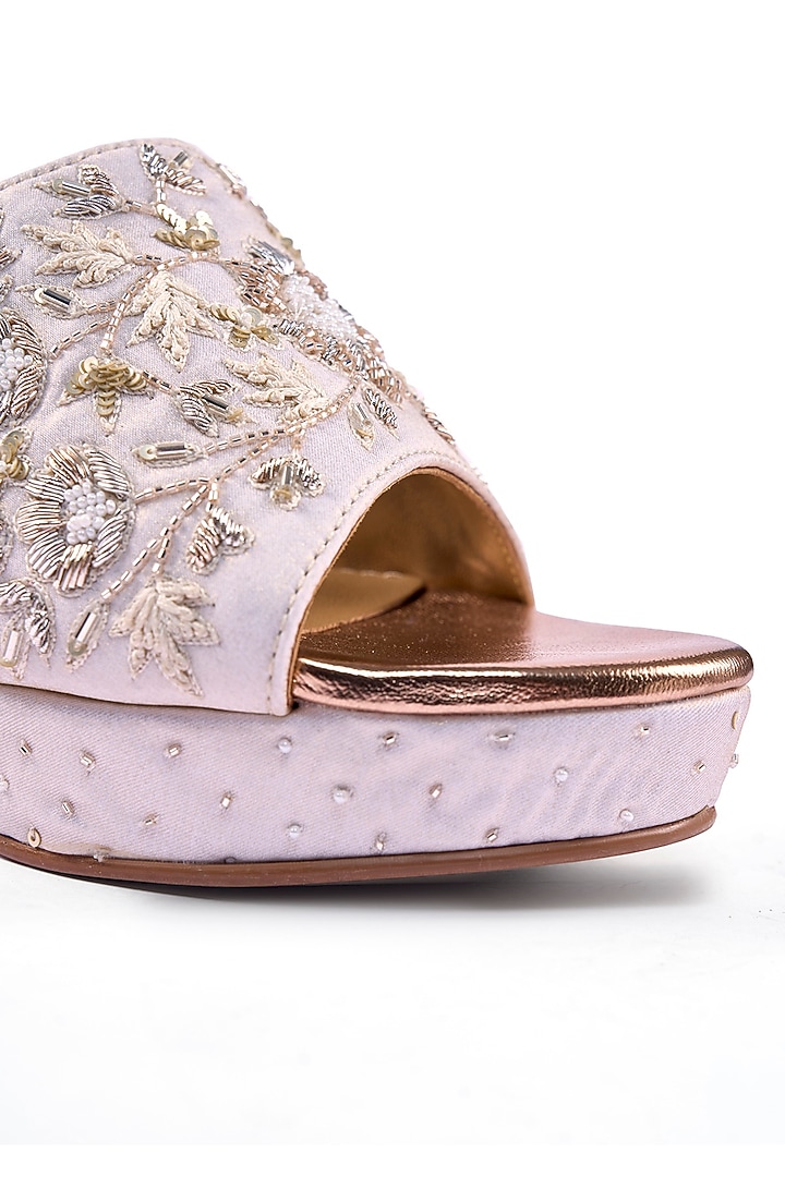 Off-White Satin Zardosi & Cutdana Hand Embellished Block Heels by Anaar at Pernia's Pop Up Shop