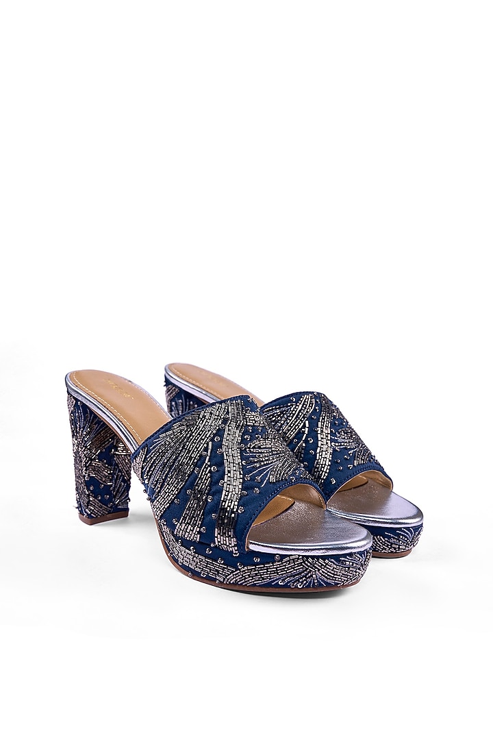 Navy Blue Satin Zardosi Hand Embroidered Platform Heels by Anaar at Pernia's Pop Up Shop