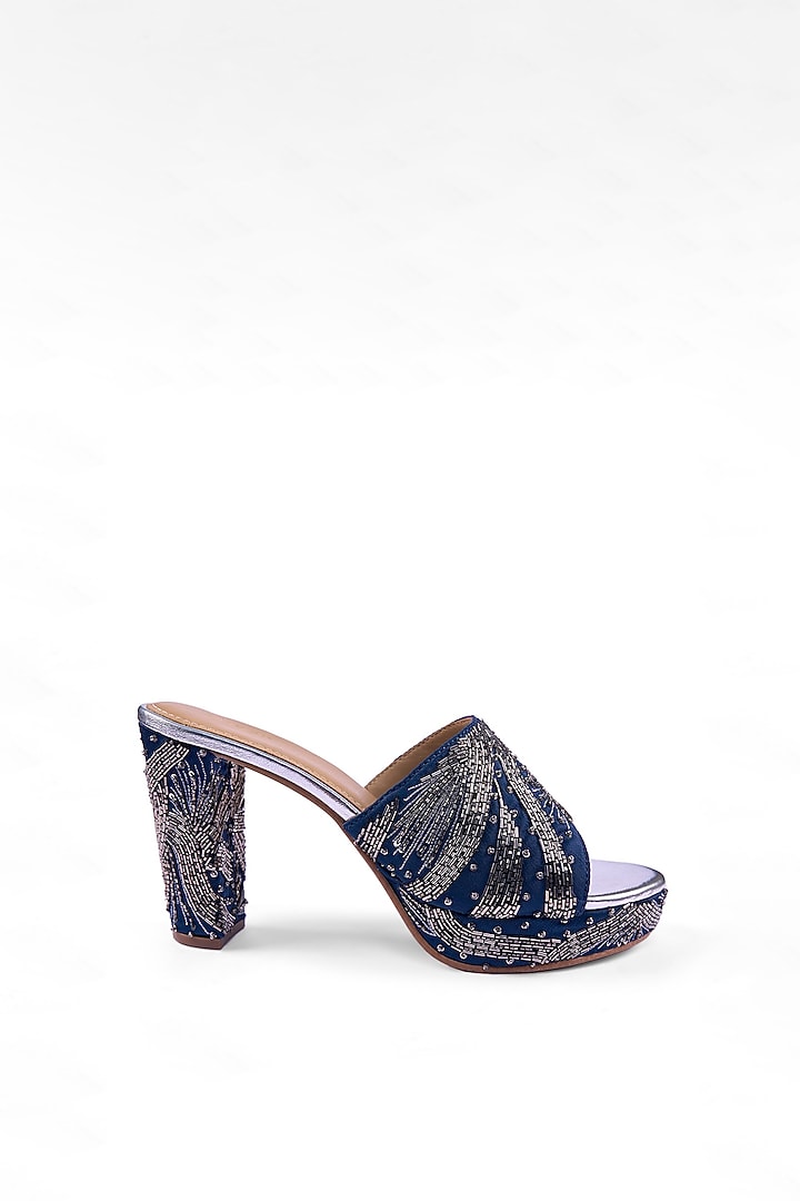 Navy Blue Satin Zardosi Hand Embroidered Platform Heels by Anaar at Pernia's Pop Up Shop