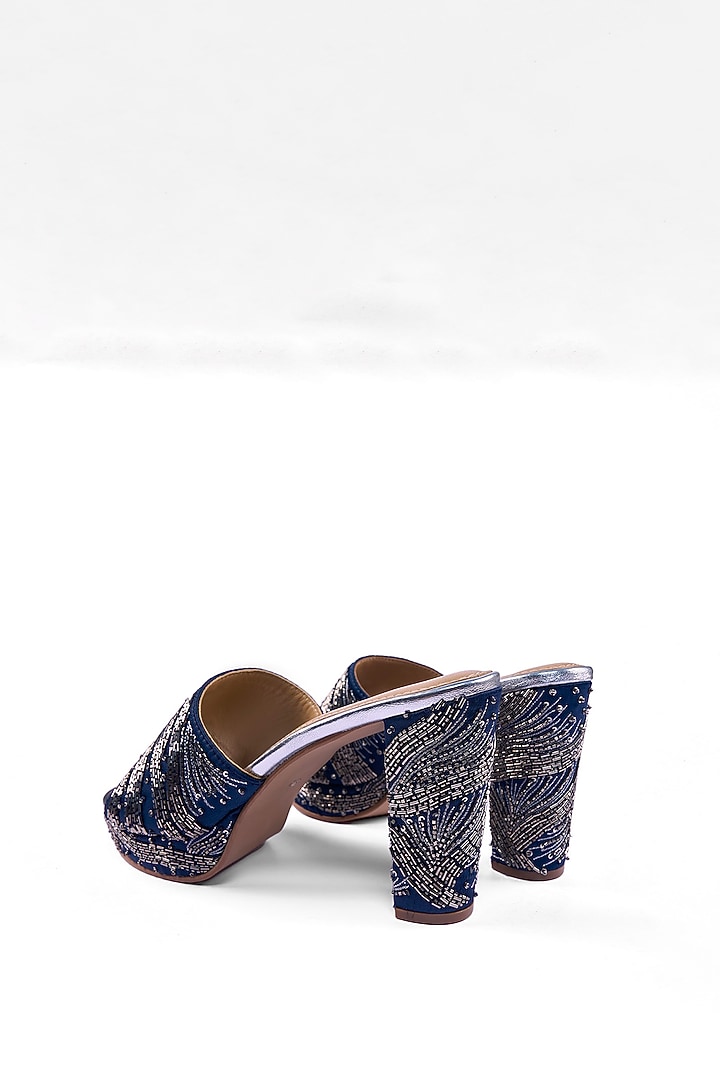 Navy Blue Satin Zardosi Hand Embroidered Platform Heels by Anaar at Pernia's Pop Up Shop