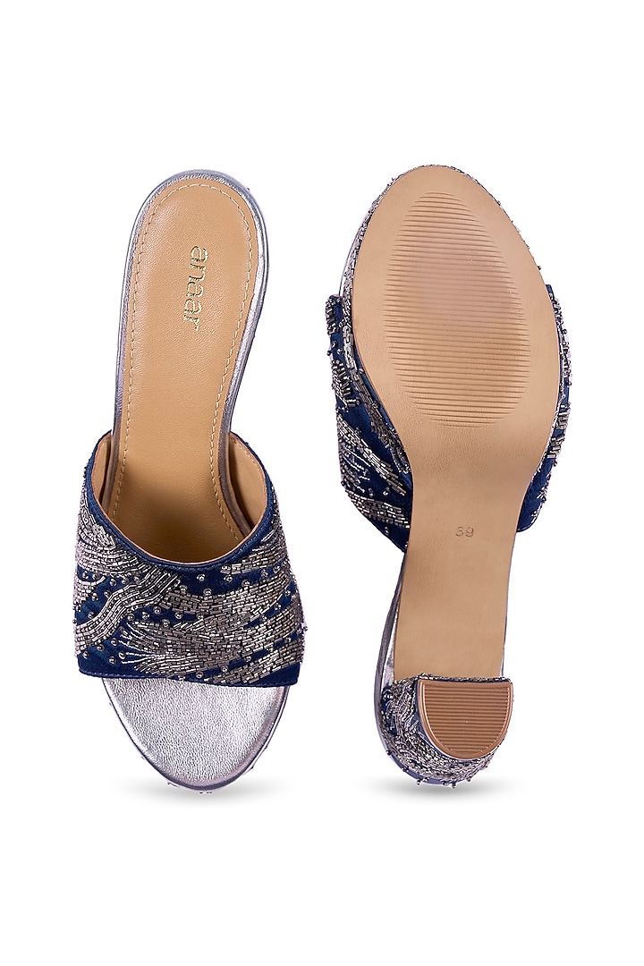Navy Blue Satin Zardosi Hand Embroidered Platform Heels by Anaar at Pernia's Pop Up Shop