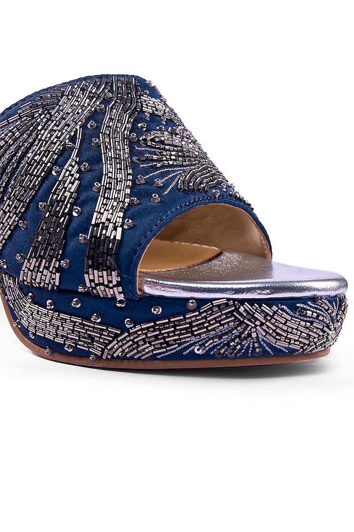 Navy Blue Satin Zardosi Hand Embroidered Platform Heels by Anaar at Pernia's Pop Up Shop