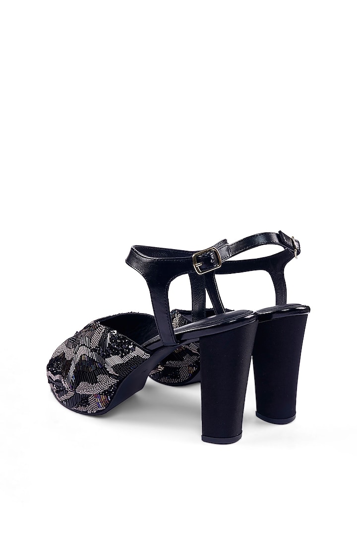 Black Satin Sequins Hand Embellished Platform Heels by Anaar at Pernia's Pop Up Shop