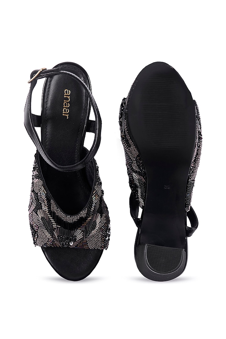 Black Satin Sequins Hand Embellished Platform Heels by Anaar at Pernia's Pop Up Shop
