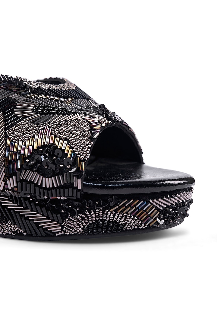 Black Satin Sequins Hand Embellished Platform Heels by Anaar at Pernia's Pop Up Shop
