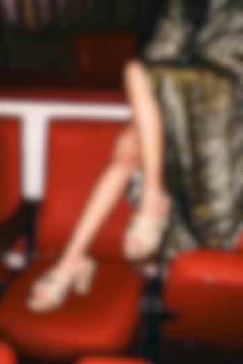 Gold Satin Thread & Sequins Hand Embellished Platform Heels by Anaar at Pernia's Pop Up Shop