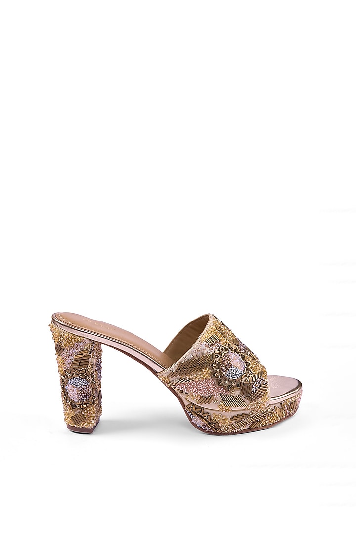 Gold Satin Thread & Sequins Hand Embellished Platform Heels by Anaar at Pernia's Pop Up Shop