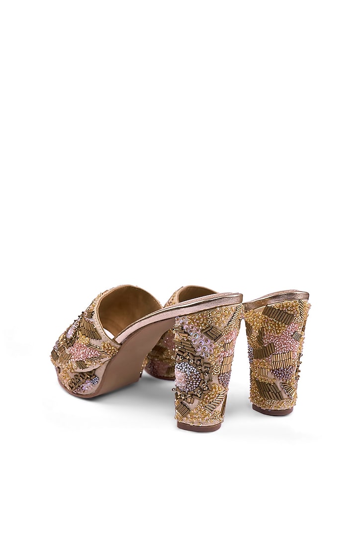 Gold Satin Thread & Sequins Hand Embellished Platform Heels by Anaar at Pernia's Pop Up Shop