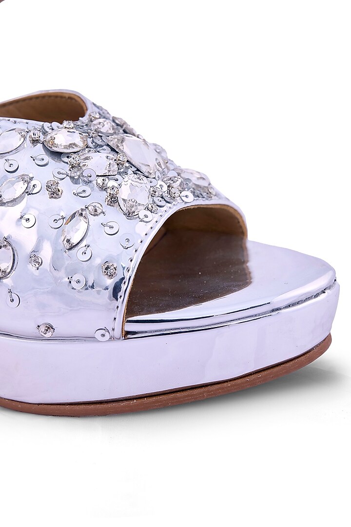Silver Satin Sequins & Cutdana Hand Embroidered Platform Heels by Anaar at Pernia's Pop Up Shop