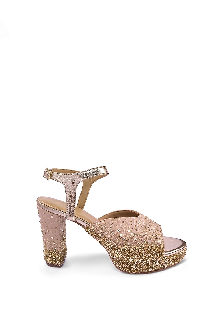 Gold Satin Cutdana & Sequins Hand Embellished Platform Heels by Anaar at Pernia's Pop Up Shop