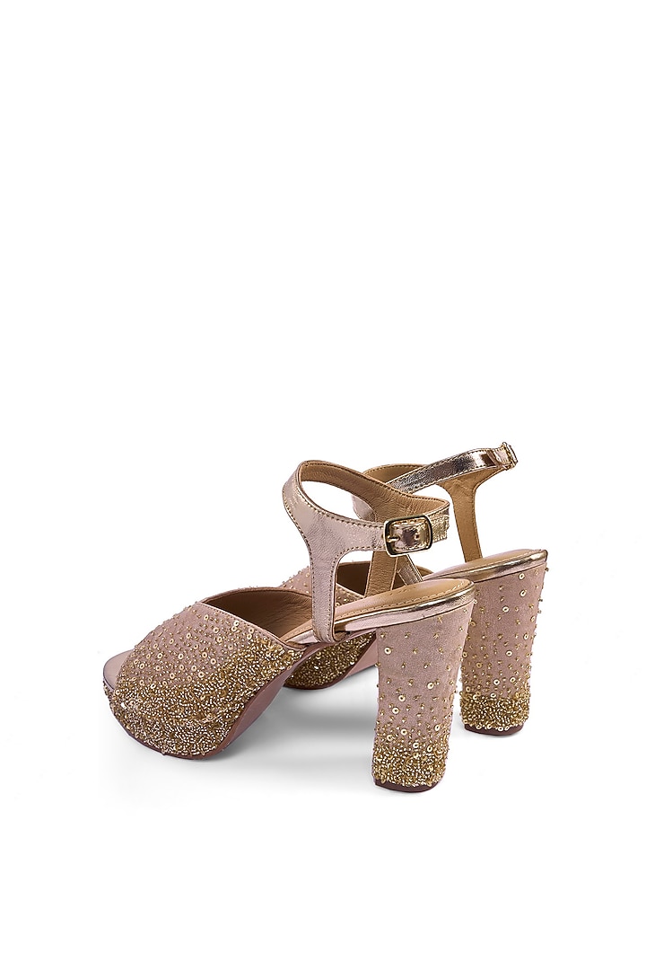 Gold Satin Cutdana & Sequins Hand Embellished Platform Heels by Anaar at Pernia's Pop Up Shop