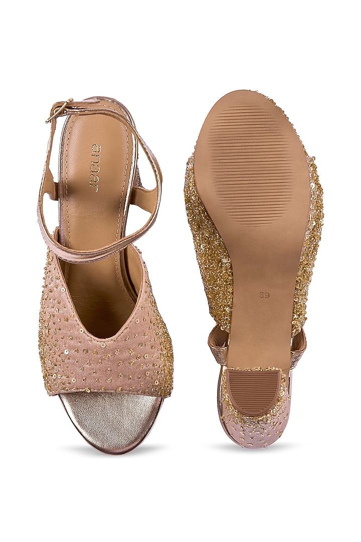 Gold Satin Cutdana & Sequins Hand Embellished Platform Heels by Anaar at Pernia's Pop Up Shop