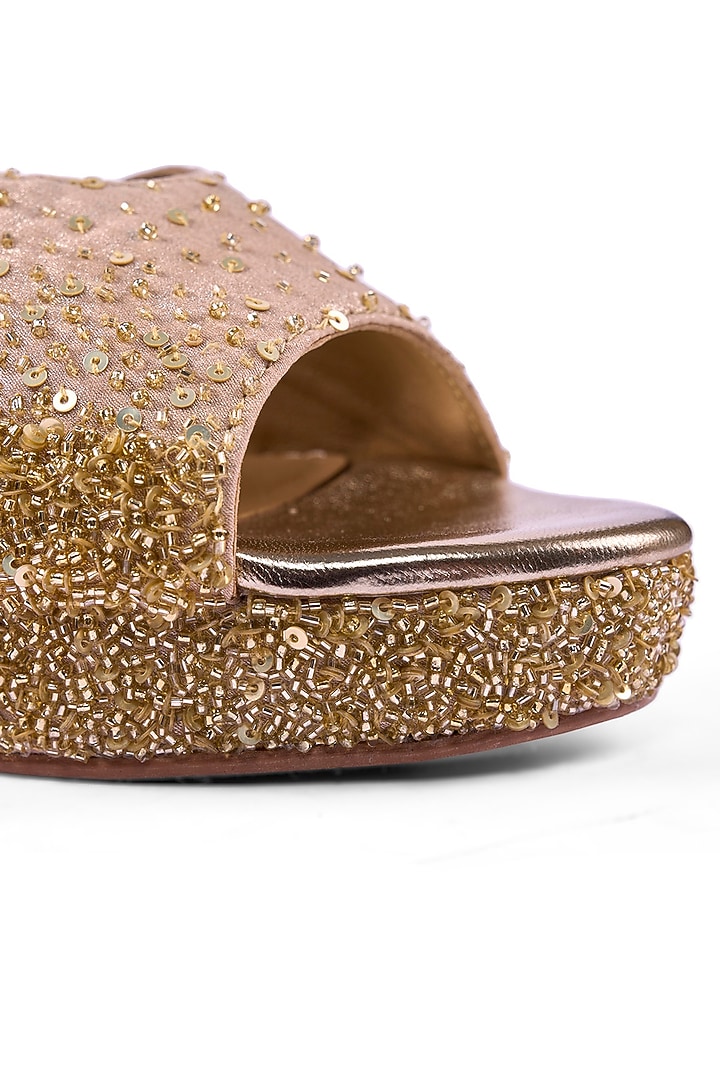 Gold Satin Cutdana & Sequins Hand Embellished Platform Heels by Anaar at Pernia's Pop Up Shop