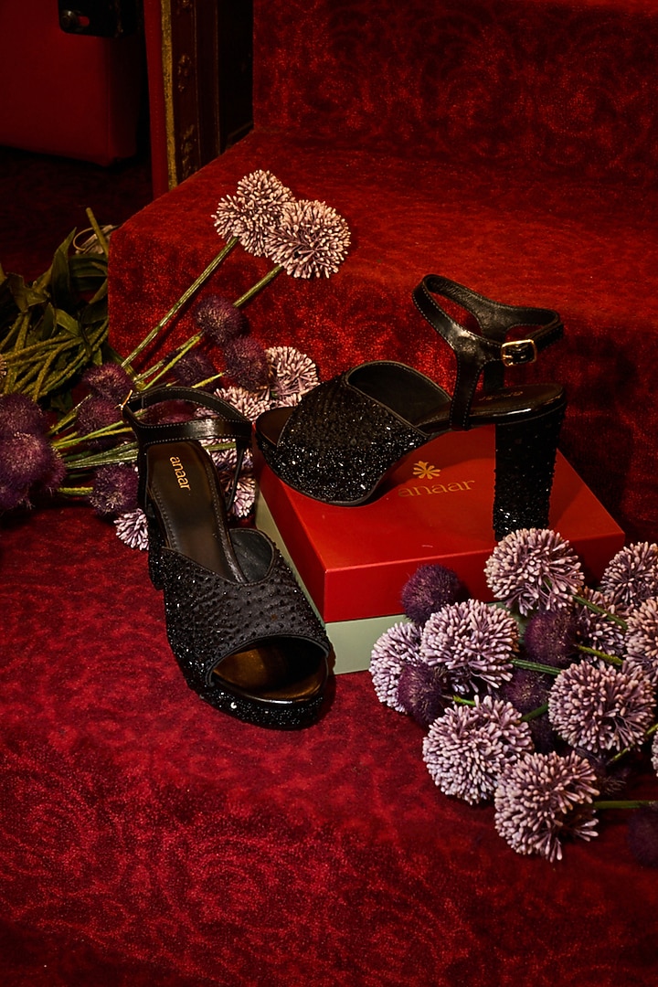 Black Satin Beaded & Pearl Embellished Heels by Anaar at Pernia's Pop Up Shop