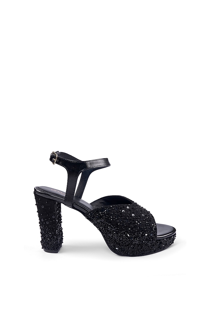 Black Satin Beaded & Pearl Embellished Heels by Anaar at Pernia's Pop Up Shop