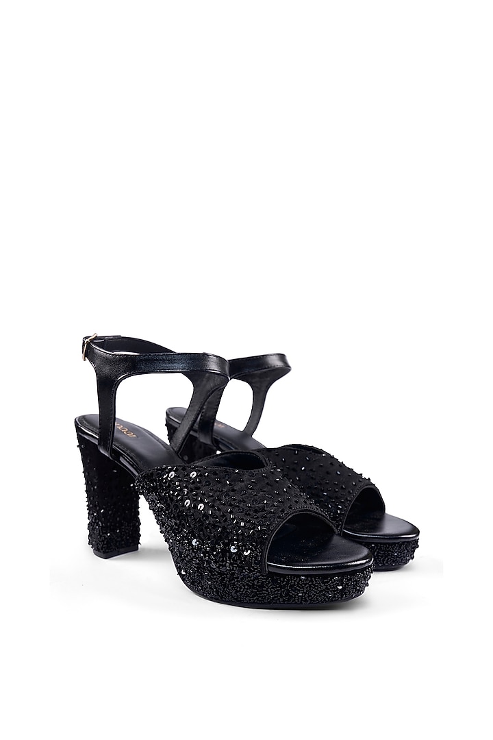 Black Satin Beaded & Pearl Embellished Heels by Anaar at Pernia's Pop Up Shop