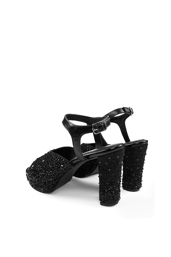 Black Satin Beaded & Pearl Embellished Heels by Anaar at Pernia's Pop Up Shop