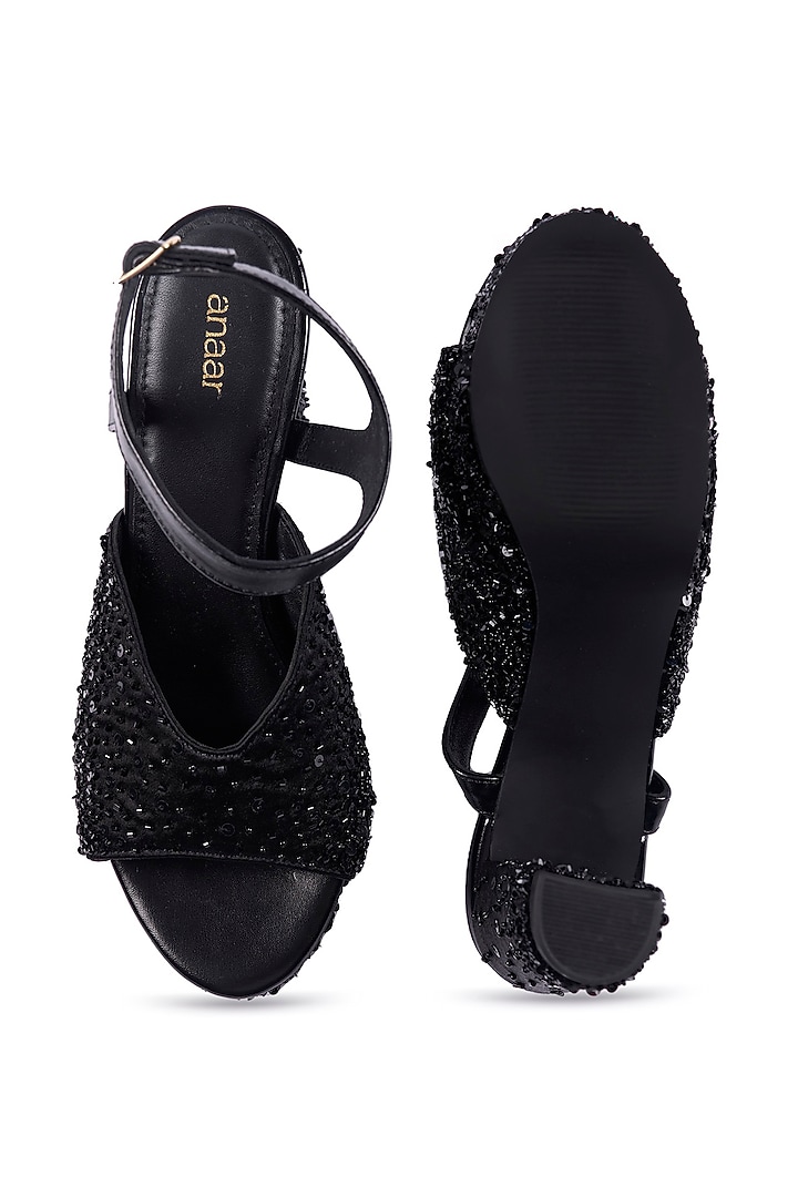 Black Satin Beaded & Pearl Embellished Heels by Anaar at Pernia's Pop Up Shop