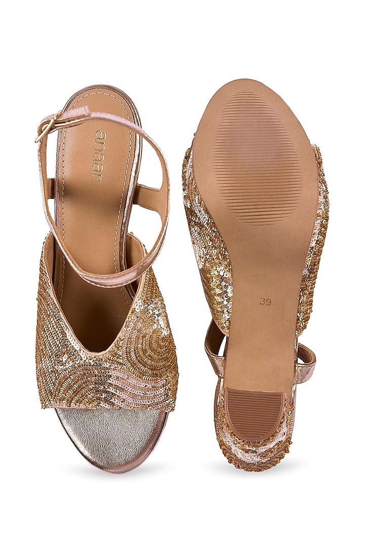 Gold Satin Sequin Hand Embroidered Heels by Anaar at Pernia's Pop Up Shop