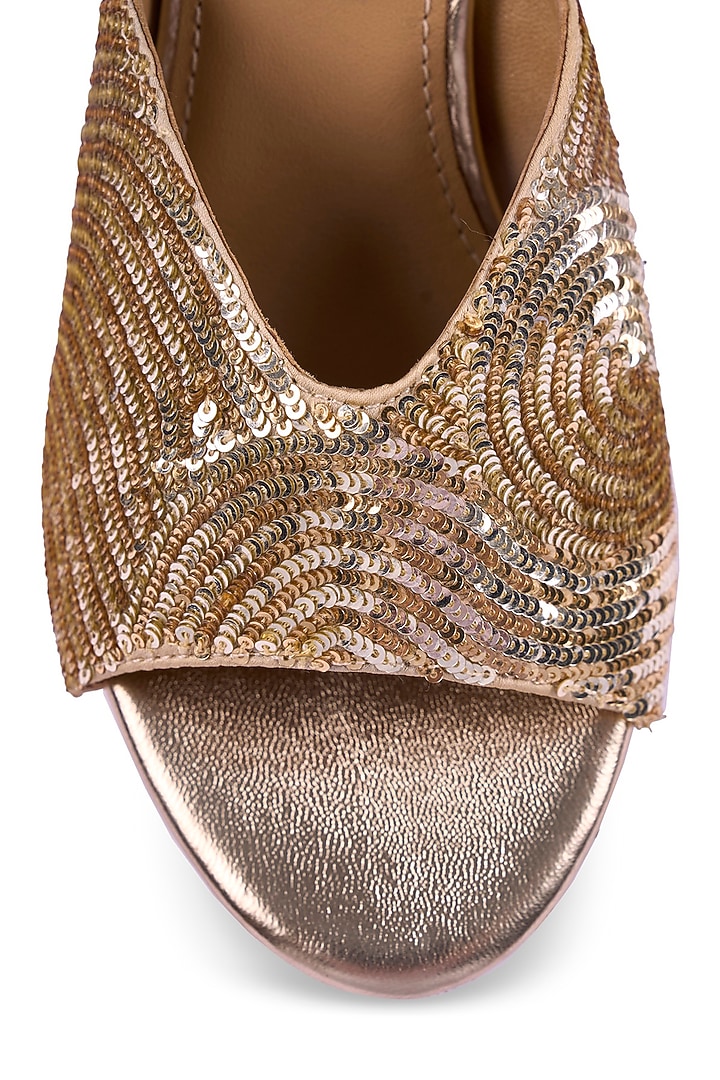 Gold Satin Sequin Hand Embroidered Heels by Anaar at Pernia's Pop Up Shop