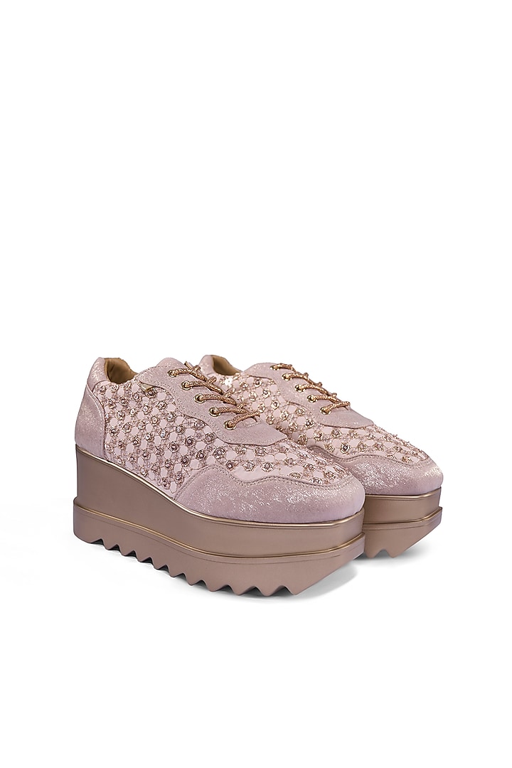 Rose Gold Faux Leather Zari Embroidered Sneakers by Anaar at Pernia's Pop Up Shop