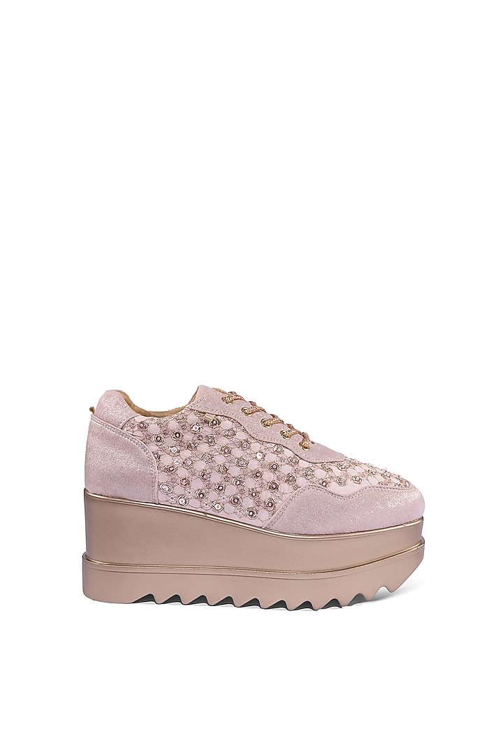Rose Gold Faux Leather Zari Embroidered Sneakers by Anaar at Pernia's Pop Up Shop