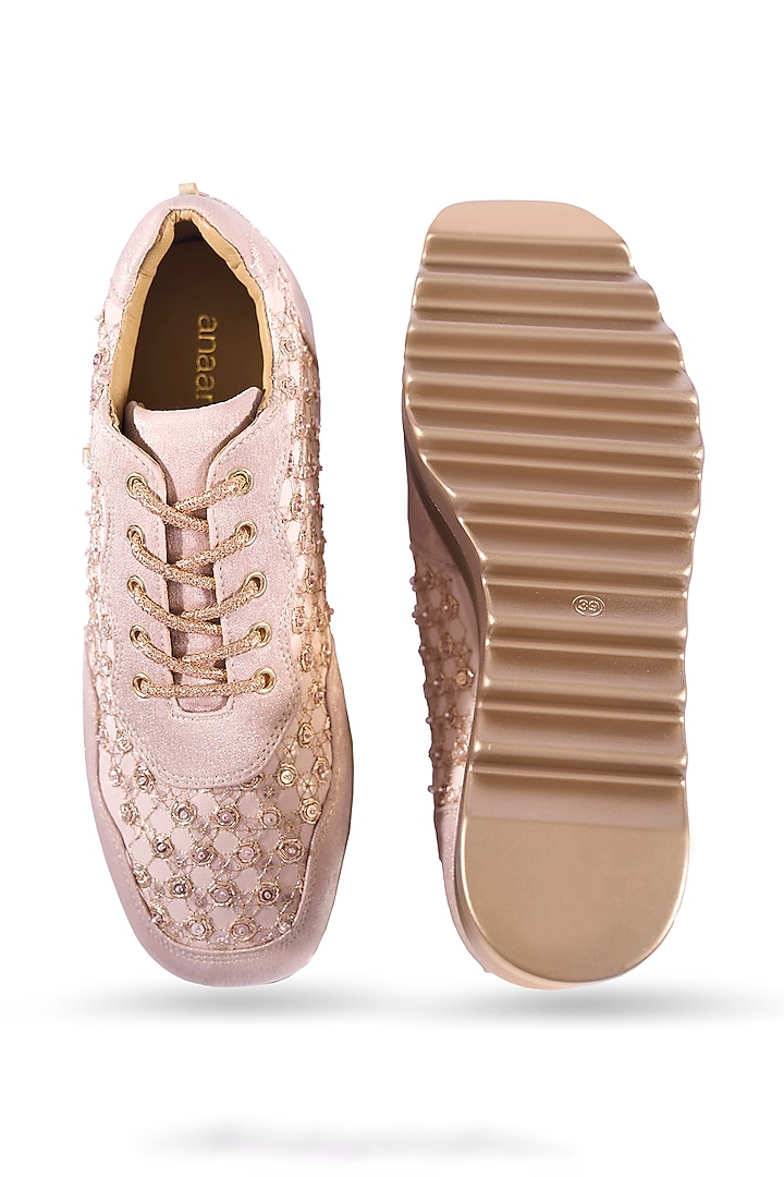 Rose Gold Faux Leather Zari Embroidered Sneakers by Anaar at Pernia's Pop Up Shop