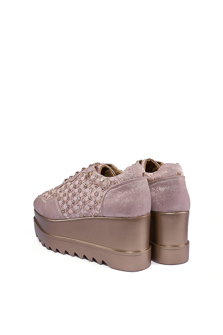 Rose Gold Faux Leather Zari Embroidered Sneakers by Anaar at Pernia's Pop Up Shop
