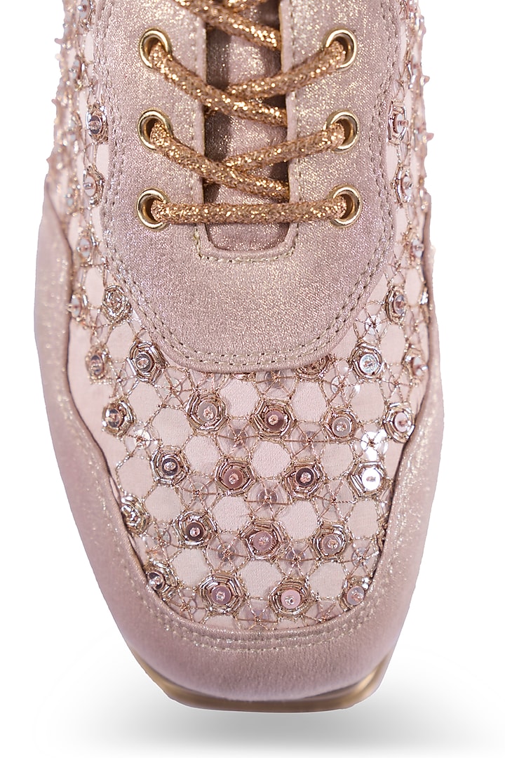 Rose Gold Faux Leather Zari Embroidered Sneakers by Anaar at Pernia's Pop Up Shop