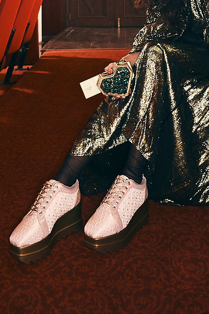 Off-White Brocade Cutdana & Thread Embroidered Sneakers by Anaar at Pernia's Pop Up Shop