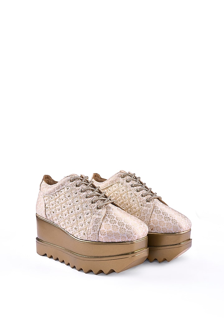Off-White Brocade Cutdana & Thread Embroidered Sneakers by Anaar at Pernia's Pop Up Shop