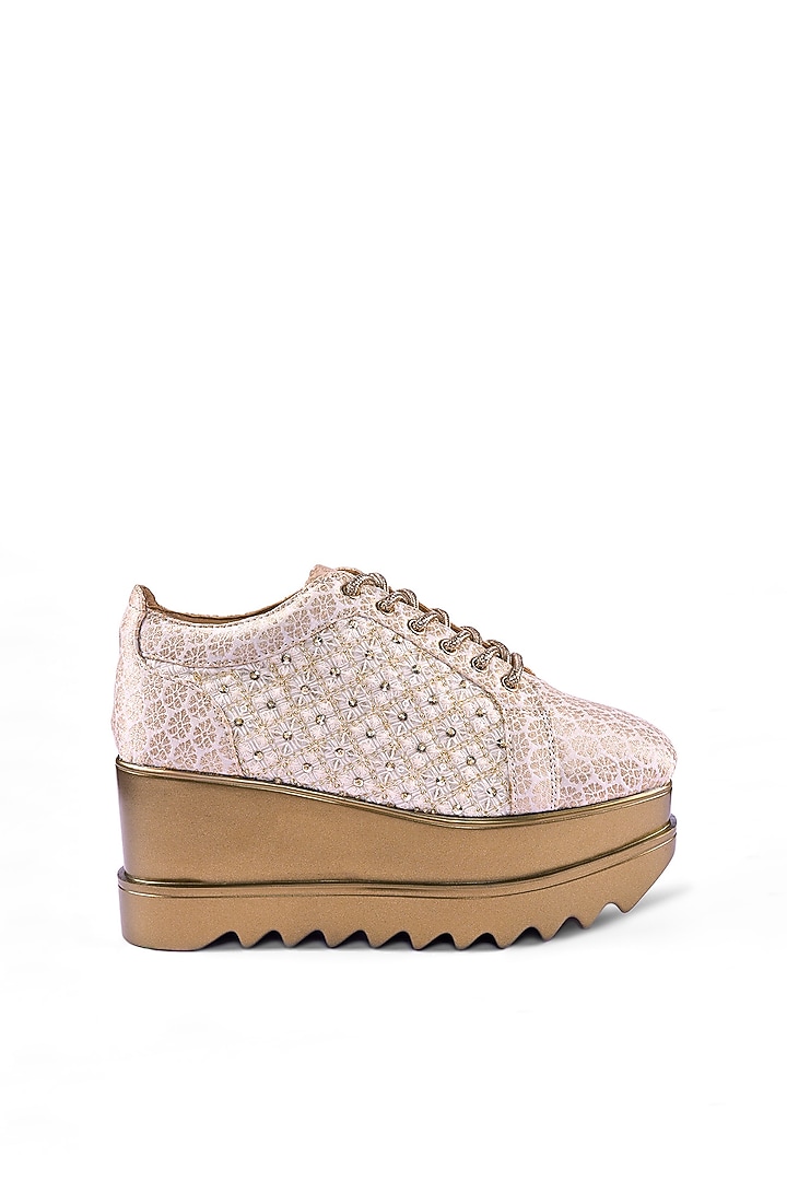 Off-White Brocade Cutdana & Thread Embroidered Sneakers by Anaar at Pernia's Pop Up Shop