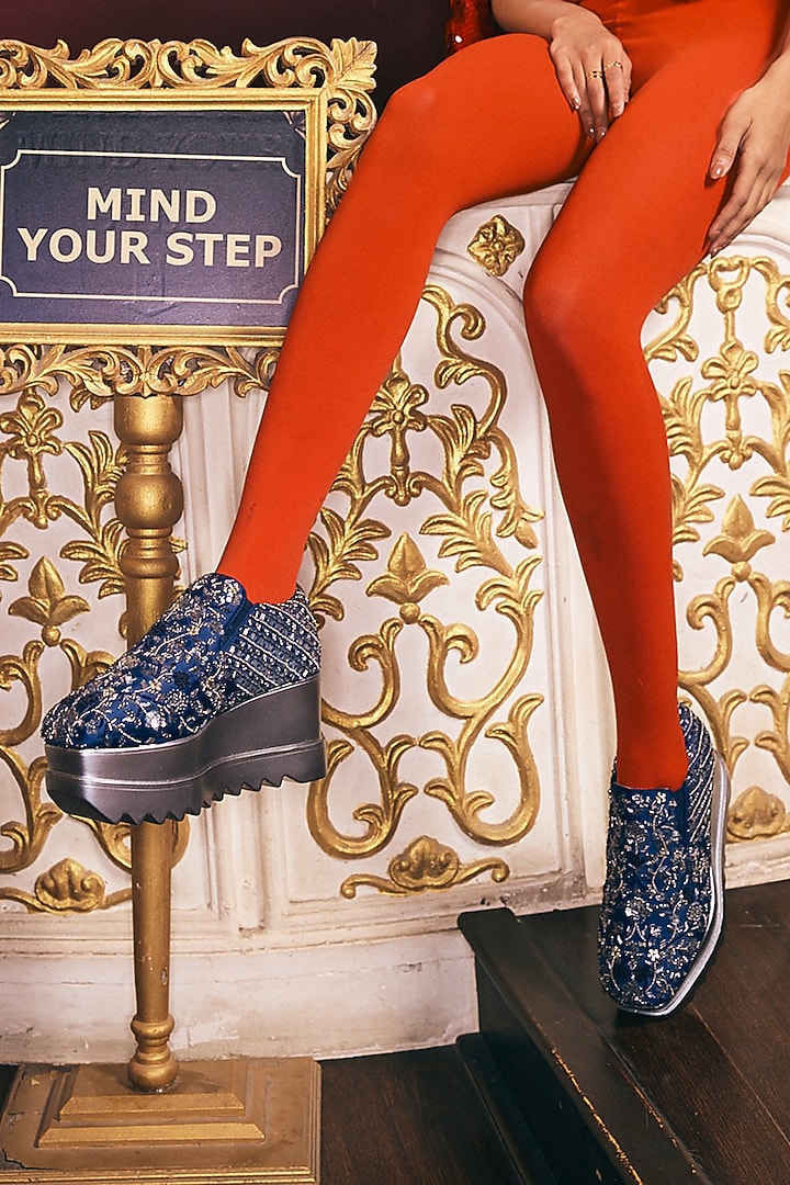 Blue Satin Cutdana Embroidered Sneakers by Anaar at Pernia's Pop Up Shop