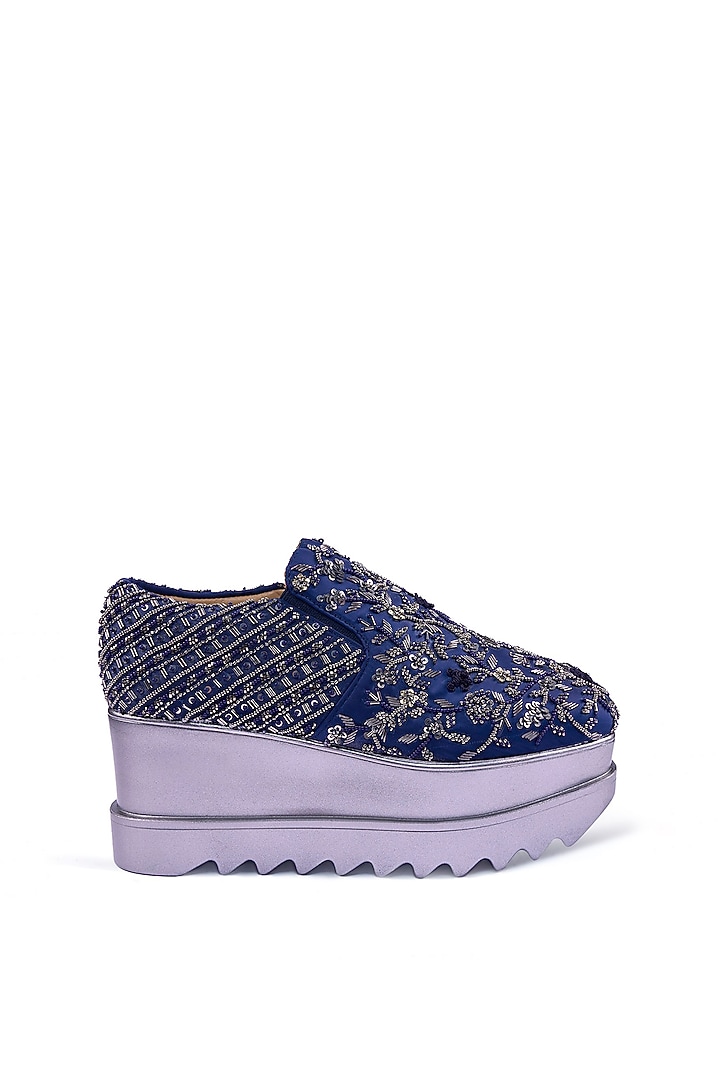 Blue Satin Cutdana Embroidered Sneakers by Anaar at Pernia's Pop Up Shop