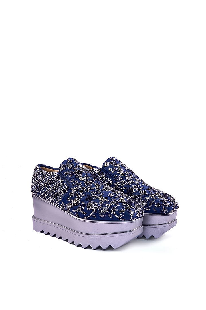 Blue Satin Cutdana Embroidered Sneakers by Anaar at Pernia's Pop Up Shop