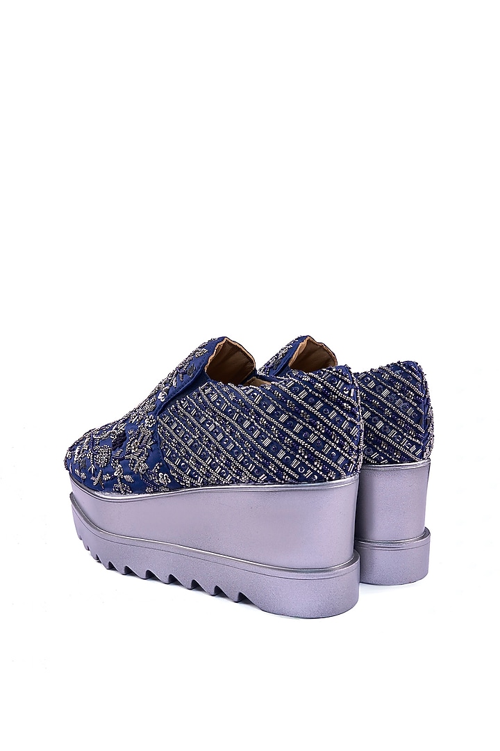 Blue Satin Cutdana Embroidered Sneakers by Anaar at Pernia's Pop Up Shop