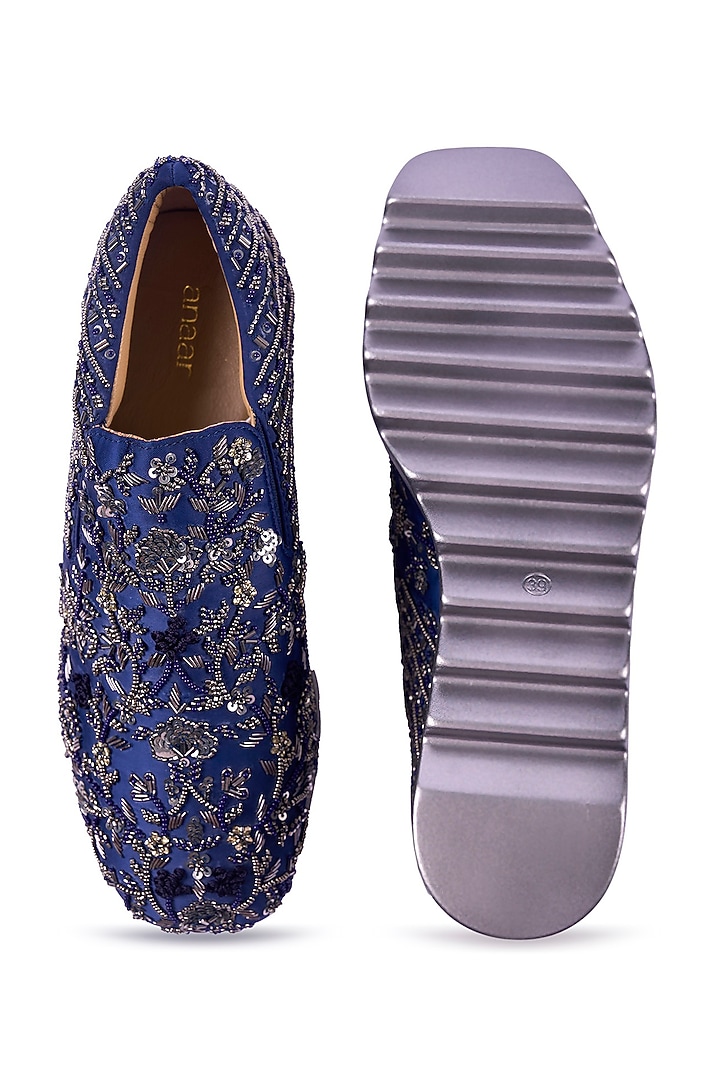 Blue Satin Cutdana Embroidered Sneakers by Anaar at Pernia's Pop Up Shop