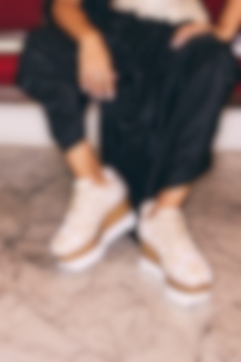 Off-White Satin Thread Hand Embroidered Sneakers by Anaar at Pernia's Pop Up Shop