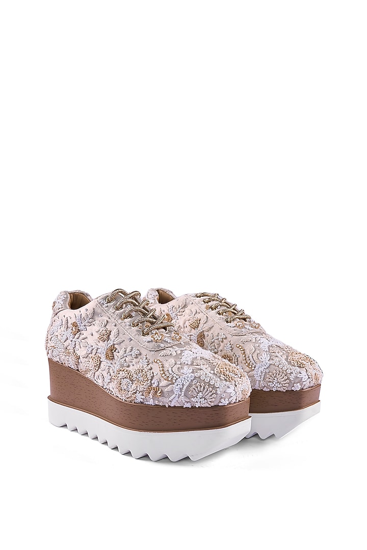 Off-White Satin Thread Hand Embroidered Sneakers by Anaar at Pernia's Pop Up Shop