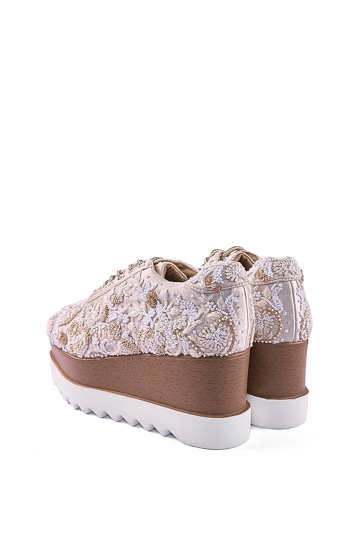 Off-White Satin Thread Hand Embroidered Sneakers by Anaar at Pernia's Pop Up Shop