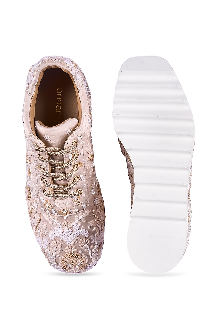 Off-White Satin Thread Hand Embroidered Sneakers by Anaar at Pernia's Pop Up Shop
