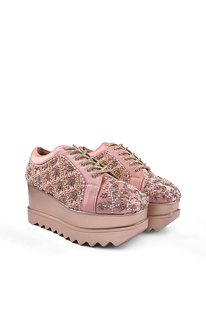 Pink Faux Leather Zardosi Hand Embroidered Sneakers by Anaar at Pernia's Pop Up Shop