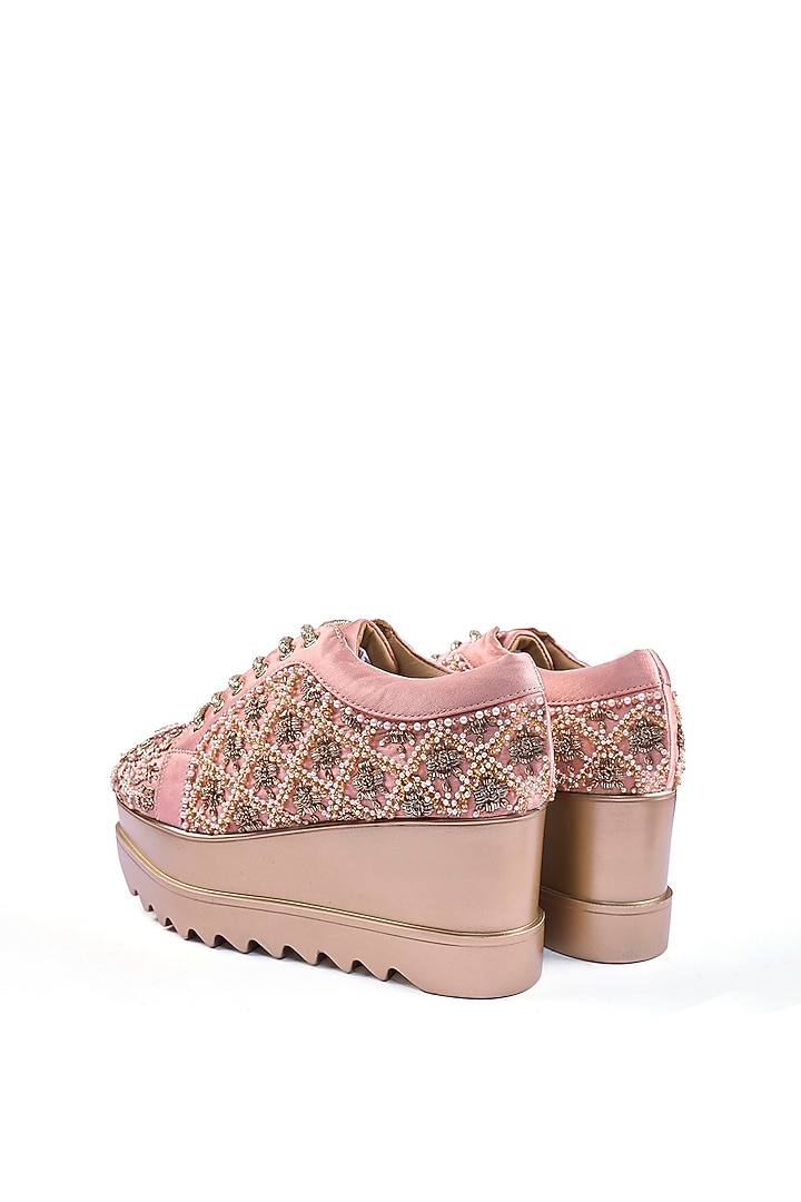 Pink Faux Leather Zardosi Hand Embroidered Sneakers by Anaar at Pernia's Pop Up Shop