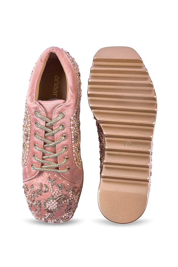 Pink Faux Leather Zardosi Hand Embroidered Sneakers by Anaar at Pernia's Pop Up Shop